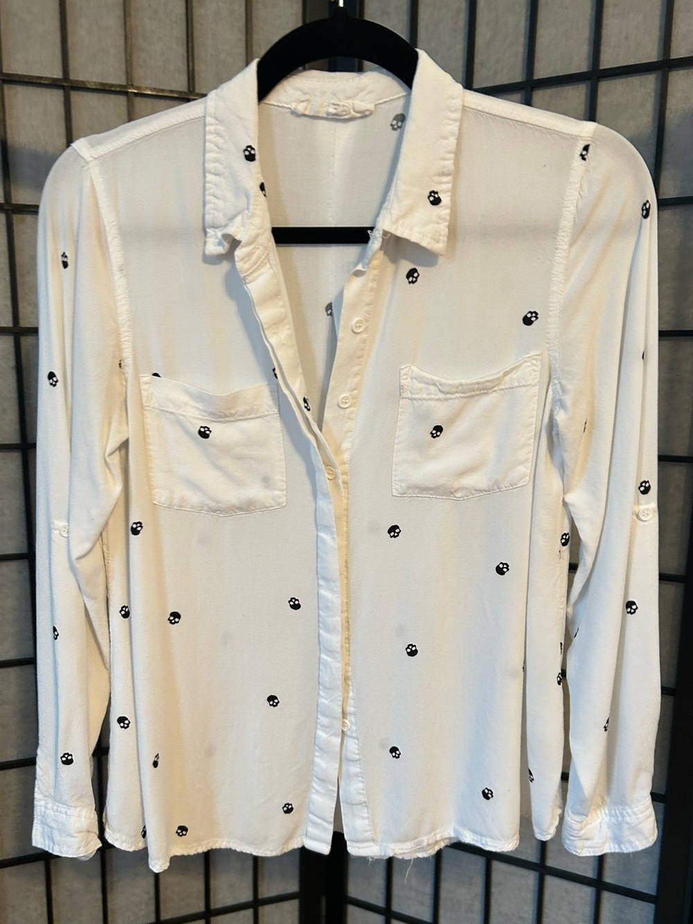 White Button Up Shirt with Black Skull Dots Size Small